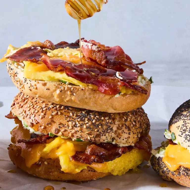 Bee Sting Breakfast Bagel Sandwich recipe with honey and spicy toppings
