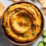 Bowl of vibrant carrot hummus with fresh veggies for dipping