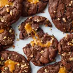 Delicious Chocolate Turtle Cookies topped with caramel and nuts